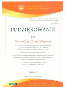 Podziękowania za organizację warsztatów dla uczniów szkół średnich. Kliknij, aby powiększyć zdjęcie.